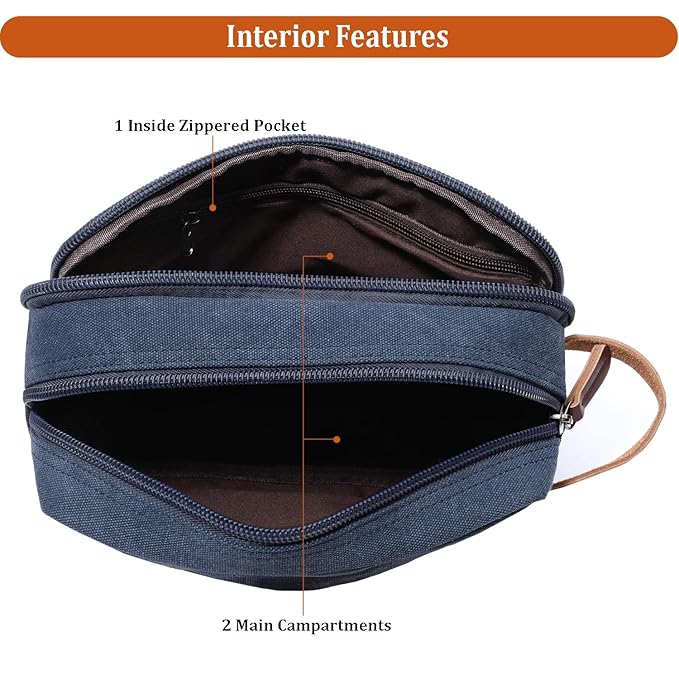 Mactso Mens Travel Toiletry Bag Canvas Leather Cosmetic Makeup Organizer Shaving Dopp Kits with Double Compartments (Blue 1)