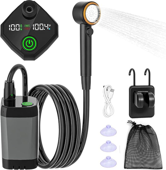 Portable Shower for Camping,6000mAh Rechargeable Camping Shower with Intelligent LED Display,IPX7 Waterproof Outdoor Shower Kit for Hiking, Travel, Car, Pet