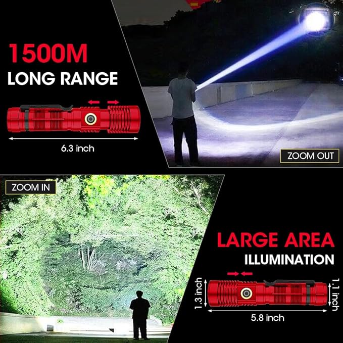 Rechargeable Flashlight High Lumens, 12000 High Lumens Super Bright Flash Light, 1500 Meter Long-Range Zoomable LED Flashlights for Emergency, EDC, Searching, Waterproof Flashlight Dimmable Red 2Pcs