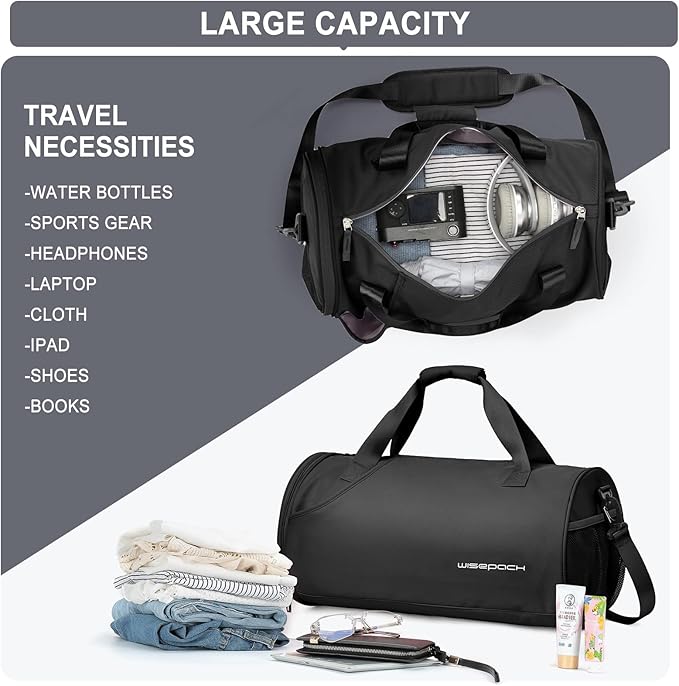 Gym Bag for Women & Men with Wet & Shoe Compartment - Small Duffle Bag for Travel, Sport, Gym, Workout & Overnight Use - Black