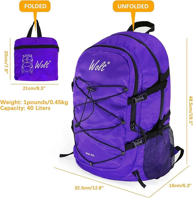 WOLT 40L Packable Travel Backpack, Foldable Lightweight Backpack for Men Women,Waterproof Hiking Bag for Outdoor Camping (Purple)