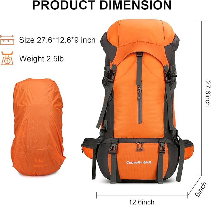 ShowyLive 70L Backpack - Waterproof Hiking Backpack for Men and Women - Lightweight Camping and Backpacking Backpack with Rain Cover and Comfort Design, Orang
