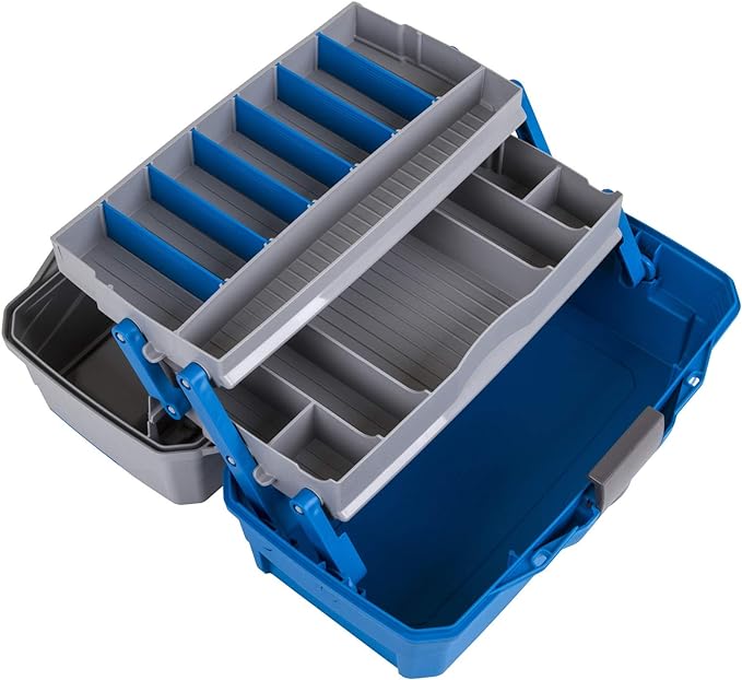 Flambeau Outdoors 6382TB 2-Tray Tackle Box - Classic Fishing Lure Storage Organizer, Medium Portable Tackle Box, 15 Tray Compartments, Blue/Gray