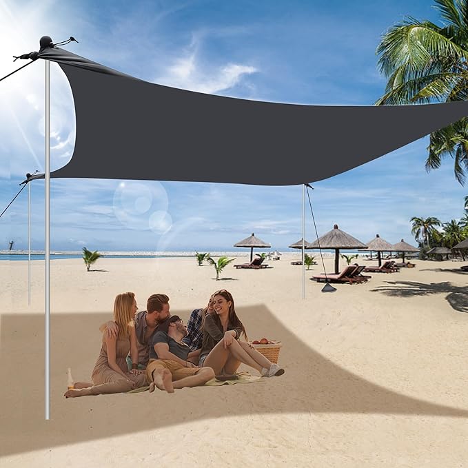 UMARDOO Family Beach Tent Canopy Sun Shade Portable 7×7FT, Large Wind Resistance Beach Sun Shelter Easy Setup with Packable Carry Bag for Outdoor Travel UPF 50+(Gray)