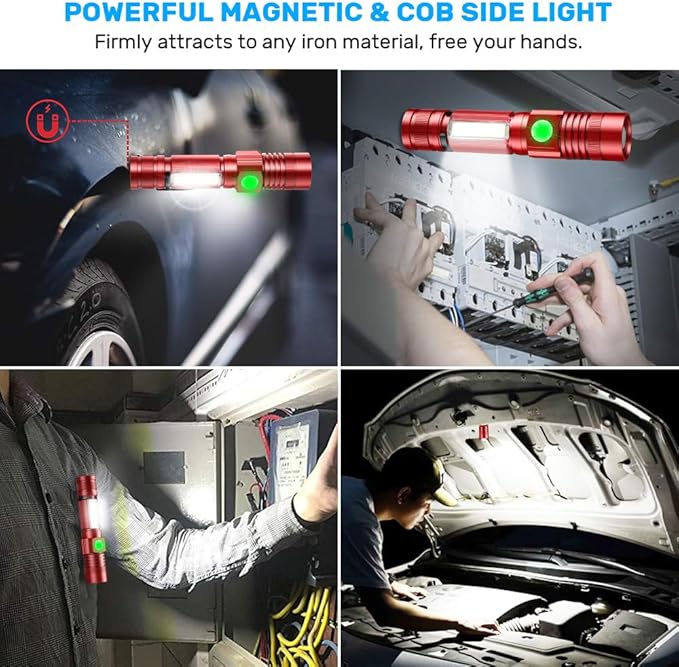 Rechargeable LED Flashlights, Magnetic Flashlight Super Bright Tactical Flashlight with SideLight,USB Rechargeable,Zoomable,Waterproof Best Small Flashlight for Camping, Emergency Red