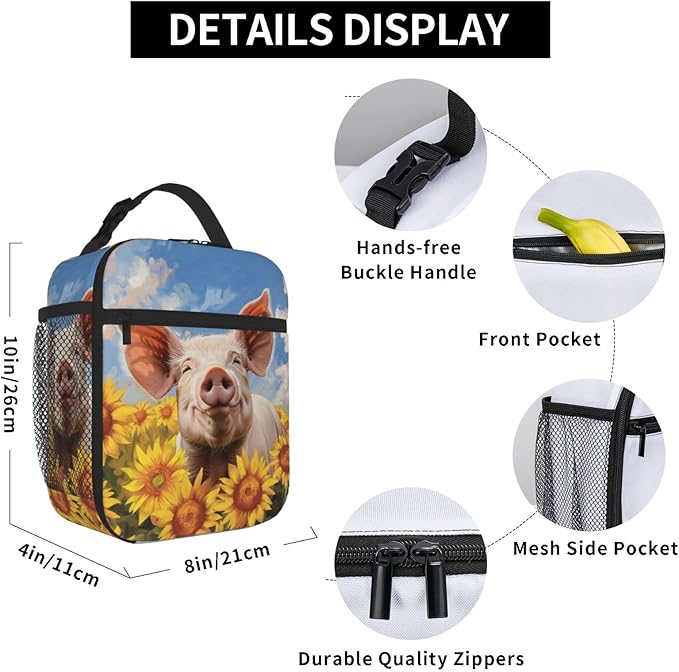 SARA NELL Funny Pig Lunch Bag, Reusable Insulated Lunch Cooler Box, Leakproof Thermal Lunch Bags for Work, Picnic, School or Travel, Multicolor, Animal Print