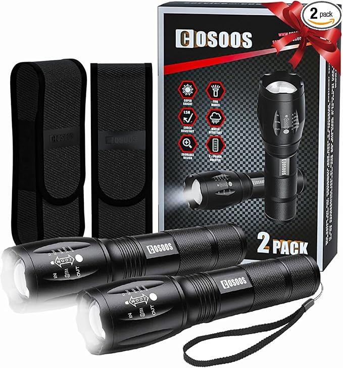 COSOOS 2 Tactical Flashlights with Holsters, Bright LED Flashlight 1000 Lumen, 5 Mode Portable Zoomable Waterproof Flash Light for Hiking, Outdoor Camping Gear Essential, No AAA Battery