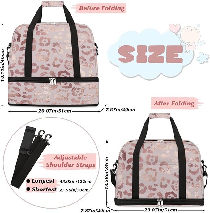Leopard Print Foldable Travel Duffel Bag, Expandable Sports Gym Bag with Shoes Compartment Weekender Overnight Totes Bags for Women Men