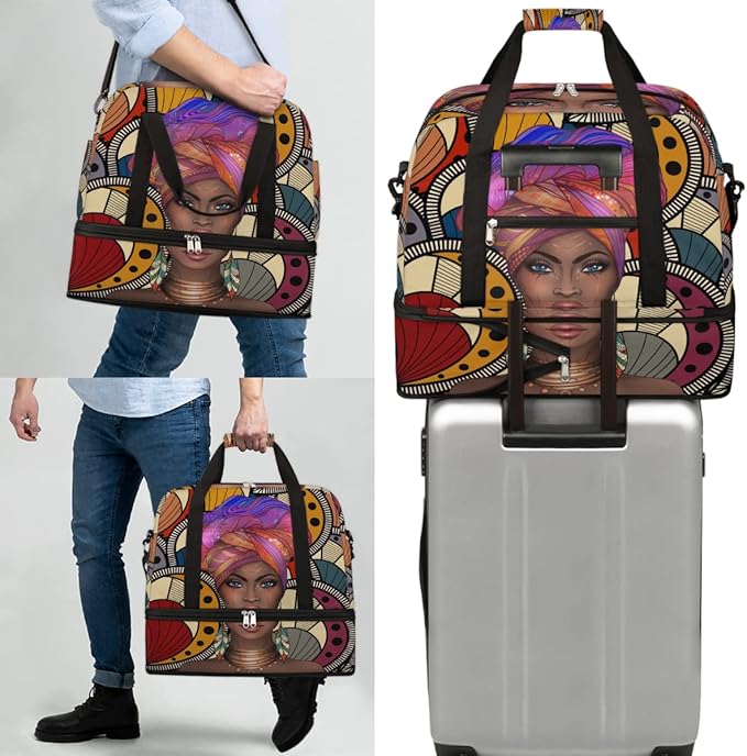 Travel Duffel Bag African Afro Woman Sport Gym Bag for Woman Man,Waterproof Foldable Weekend Overnight Bag for Yoga Workout Training with Shoe Compartment