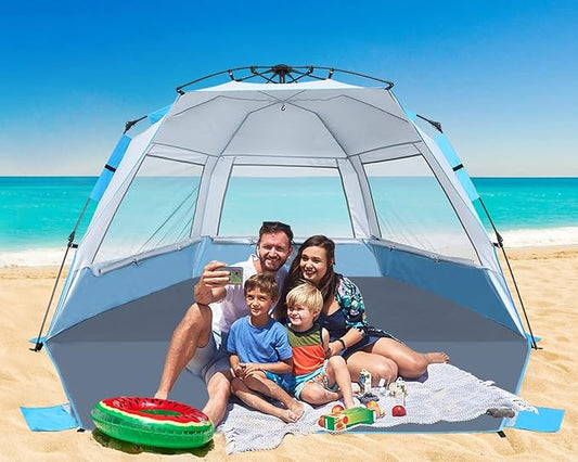 Beach Tent Instant Pop up Sun Shade Shelter for 4-6 Person with UV Protection,Extended Floor,3 Mesh Roll Up Windows with Carry Bag, Sandbags, Stakes(Sky Blue)