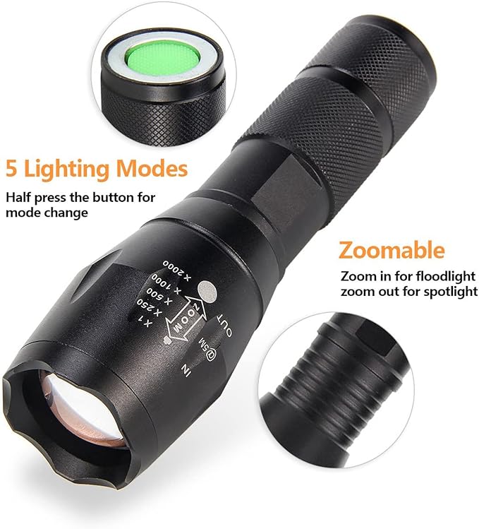 ULTRAFIRE A100 Tactical LED Flashlight Mini,800 Lumen Hunting Handheld Flashlight Focusable 3 Colors Exchange Glass Lens (Generate RED or Green Light)