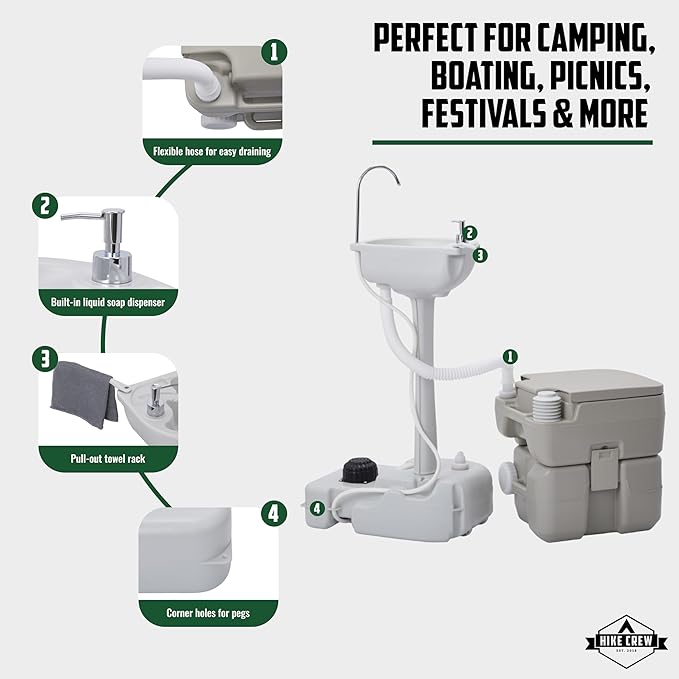 Hike Crew Portable Camping Sink & Toilet | Large Hand Washing Station with 4.5 Gal Capacity, Hands-Free Foot Pump, Faucet, Soap Dispenser & Towel Rack | Includes Travel Toilet with 5 Gal Waste Tank