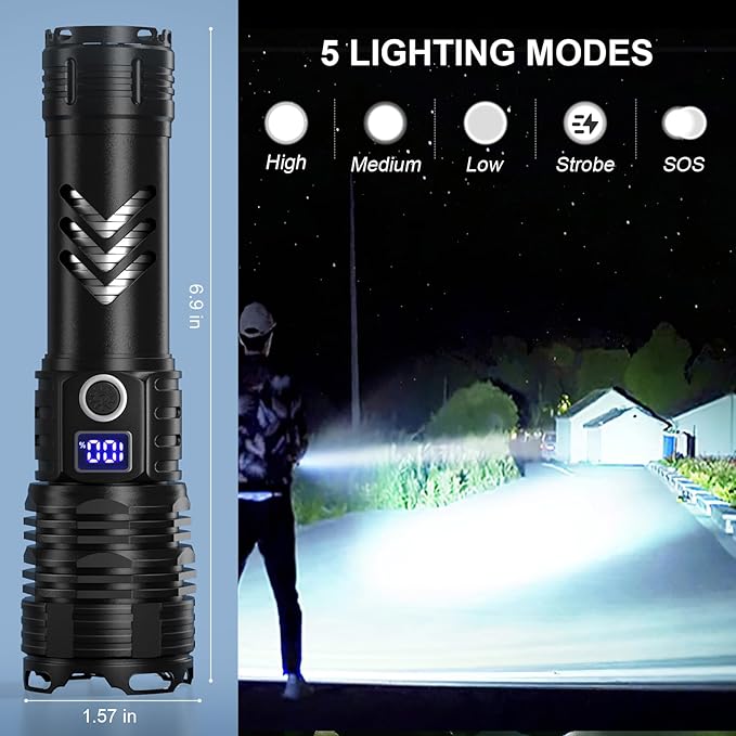 Flashlights High Lumens LED Rechargeable, 900,000 Lumen Brightest Flash Light, High Power USB Flashlight, Waterproof Handheld LED Flashlight for Camping Hiking