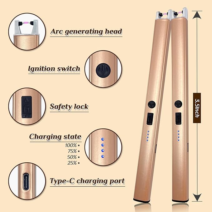 2 PCS Candle Lighter,Windproof Flameless Electric Lighter with LED Power Display & Safety Switch, Upgraded Plasma USB Rechargeable Lighter for Birthday Camping BBQ (Champagne Gold)