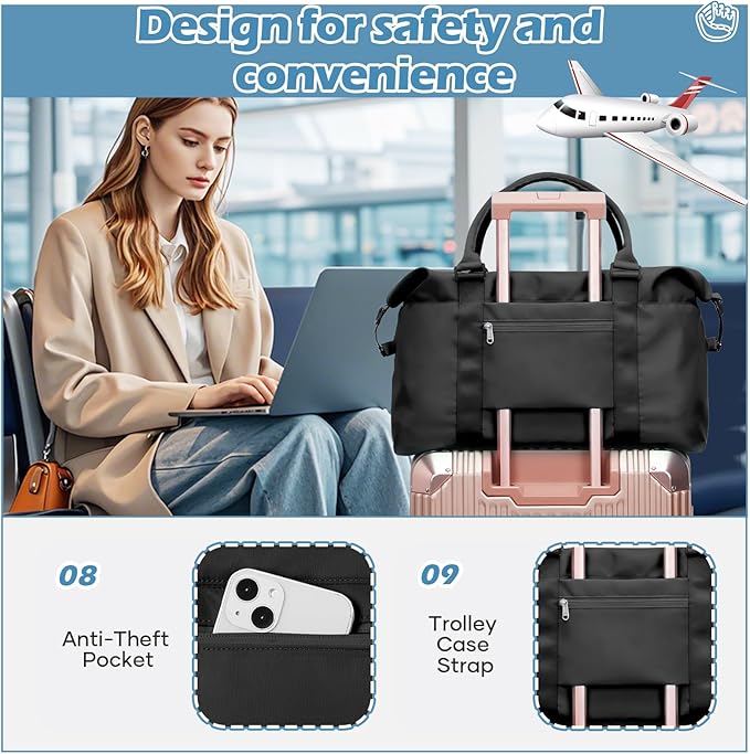 Small Black Gym Bag for Women, Stylish Duffle Travel Bag for Plane, Lightweight Duffle Bag for Women & Men, Sport Gym Tote Bag with Wet Pocket for Yoga, Pilates, Swimming