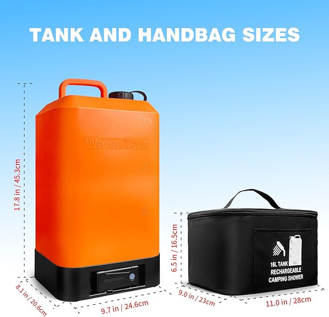 Portable Outdoor Shower, 4.5 Gallon Silicone Water Tank, Battery Powered and with Temperature Display, Solar Heating, Easy to Carry, Emergency Water in The car, Very Suitable for Camping, Beach