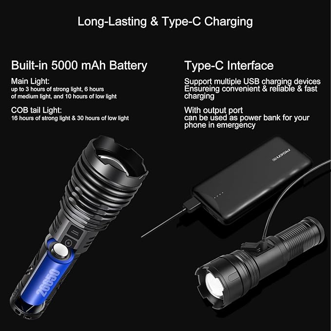 Multifunctional Rechargeable Flashlights High Lumens, 2-in-1 Super Bright Flashlight & Camping Lights, Waterproof Tactical Flashlights with Zoomable for Camping, Hiking, Emergencies