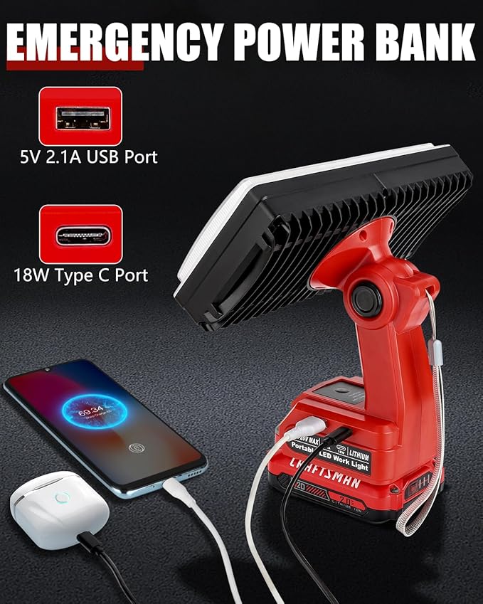 20V Light for Craftsman V20 Li-ion Battery, 40W 4200LM for Craftsman Light with 5V/2.1A USB Port,18W Type C Port 110° Pivoting Head Led Work Light Floodlight Spotlight