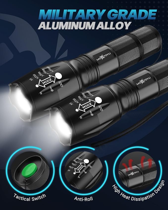 Flashlight 4 Pack, 5 Modes 2000 Lumen Tactical LED Flash Light, High Lumens Bright Waterproof Flashlights, Zoomable Flash Lights for Camping, Emergencies, Outdoor, Home, Gift for Men Adult