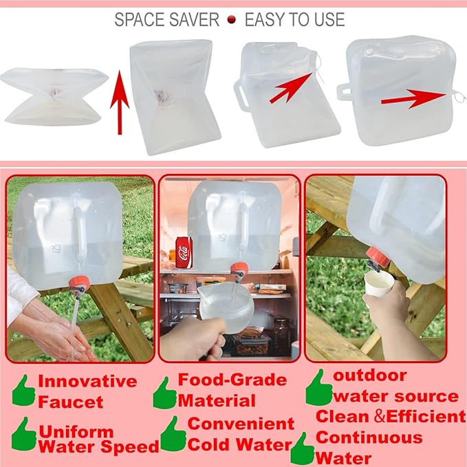 42Gallon Water Storage Container, 8PCS x 5.3Gal/20L, Emergency Water Jug Bags with Spigot, Collapsible Water Containers, BPA-Free Water Bottle Survival Kit for Outdoor Fishing, Camping, Hiking