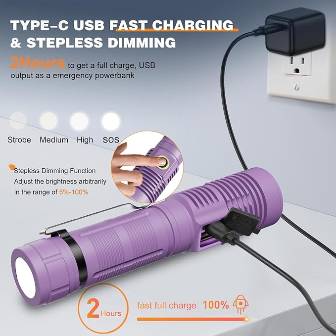 Small Tactical Flashlights 20000 High Lumens - 1500 Meters Long Beam Super Bright LED Magnetic Flashlight USB Rechargeable Zoomable 5Modes Long Beam Spotlight Flashlight for Hiking, Camping-Purple