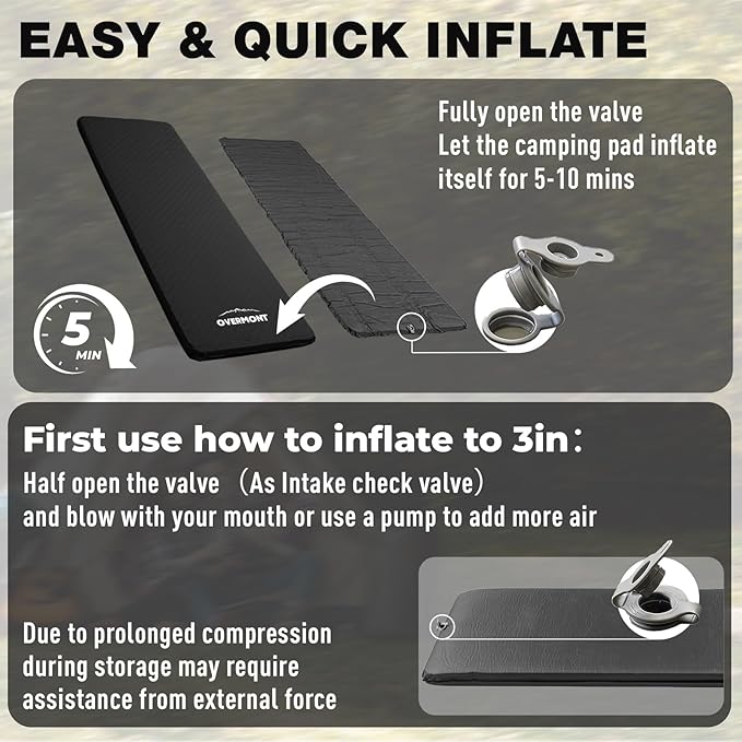 Overmont Self Inflating Sleeping Pad for Camping - 3” Ultra Thick Memory Foam Camping Pad - Inflatable Camping Mattress Pad 4 Season Camp Sleeping Mat for Car Truck Travel Tent