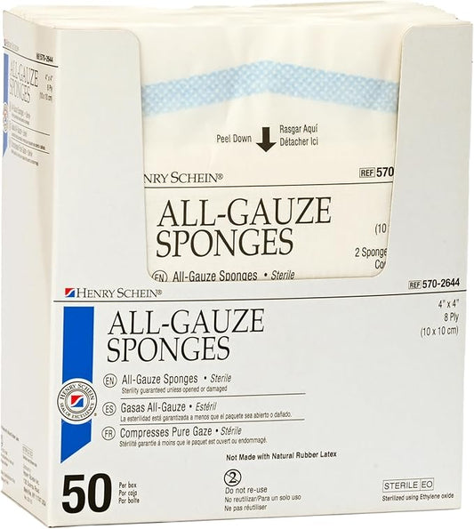 Premium 100% Cotton All-Gauze Sponge 4x4 8 Ply Sterile Square for Wound Care & Home First Aid Kits - 50/Box