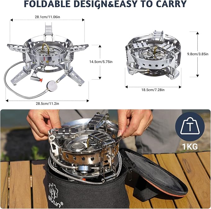 Bulin Camping Gas Stove Burner 6800W Adjustable 3 Burners Ultralight Windproof Backpacking Stove Portable Propane Stove Camp Stoves for Camping Hiking Backpack Outdoor