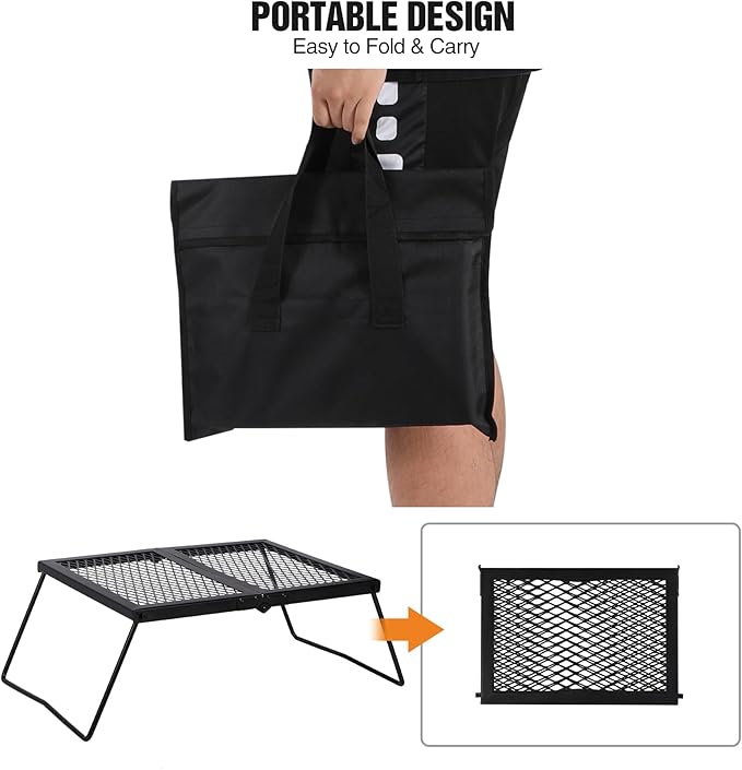 REDCAMP Folding Campfire Grill Heavy Duty Steel Grate, Portable Camp Fire Cooking Rack Over Fire Pit with Carrying Bag for Outdoor BBQ Camping