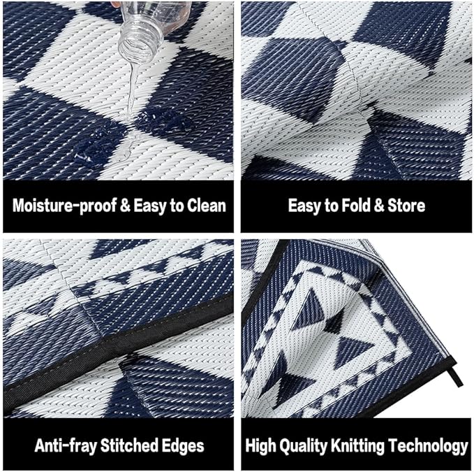 Outdoor Waterproof Rug 6'x9' Plastic Straw Rugs Washable Reversible Floor Mat Blue Plaid Carpet for Camping RV Deck Entryance Porch Picnic Balcony Beach Backyard