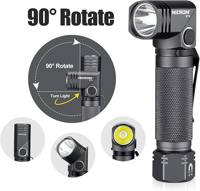1300 Lumens Rechargeable Magnetic Flashlight, 6 Modes LED 90 Degree Flashlight Twist IP65 Waterproof High Bright EDC Pocket Torch, Tactical Flashlight for Camping, Emergency, Repair, Outdoor