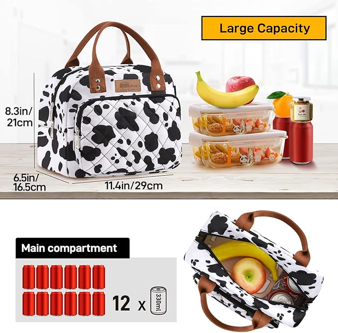 Buringer HOMESPON Lunch Bag for Woman Man Adults with Front Pocket Insulated Lunch Tote Lunch Box Container for Work Picnic or Travel(Cow)