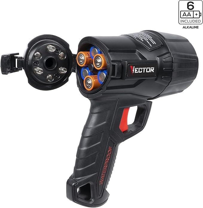 VECTOR LED Flashlight Spotlight, WPAK5V, Waterproof, 800 Lumens, Long Distance Light Beam, 6 AA Batteries Included