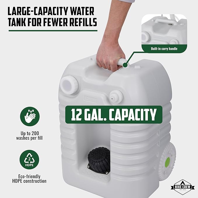 Hike Crew Portable Camping Sink & Water Reserve | Outdoor Travel Hand Wash Station with Large 12 Gallon Capacity Water Tank, Hands-Free Foot Pump, Faucet, Soap Dispenser, Rolling Wheels & Carry Handle