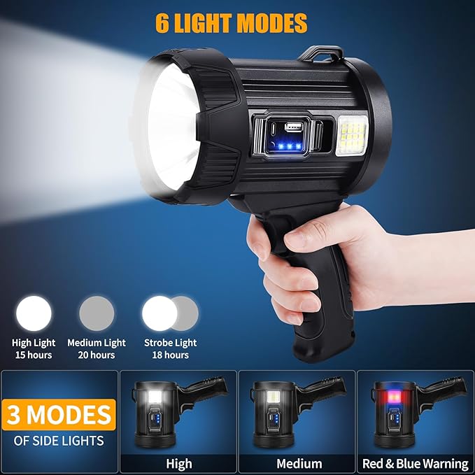 Rechargeable Spotlight, 1000000 Lumens Bright LED Spotlight Flashlight, Long Running Spot Light Searchlight, Outdoor Handheld Spotlights with Solar Panels for Hunting,Camping,Boat,6 Spotlight Modes