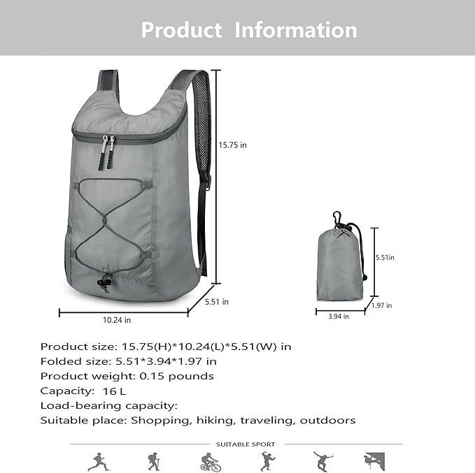 16L Hiking-Daypack Lightweight-Foldable Travel-Backpack Water-Resistant Camping Outdoor Packable Easy Carry-on Bag (Gray)