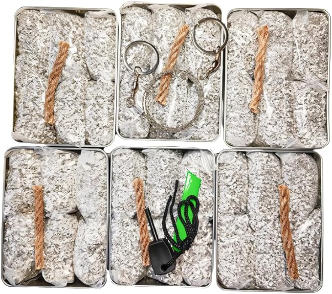 Emergency Fire Starter Magnesium 6 Bags Wax Infused Jute Rope Ferro Rod Striker Saw Wire for Camping Hiking Bushcraft Hurricane + Tin Container