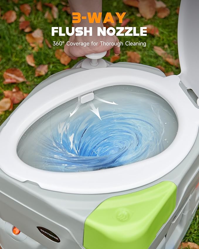 DARTMOOR Portable Toilet, 5.8 gal. RV Toilet for Camping, Outdoor Toilet with Diagonal Seating Piston Pump Sewage Port, Lightweight HDPE Camping Toilet for Hiking Construction Site Road Trip Boating