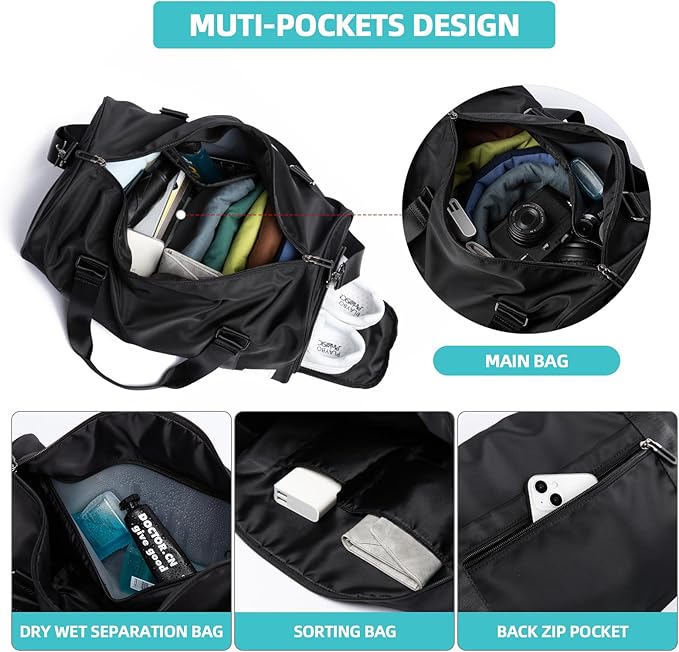 Large Carry on Gym Bag with Shoe Compartment for Men Women Waterproof Overnight Weekender Duffel Bag for Travel Personal Items Sports Workout Outdoors Black