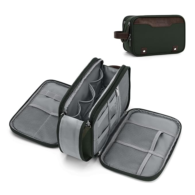Wedama Toiletry Bag for Men, Medium Hanging Travel Toiletry Bag, Extra Electronic Organizer Bag Waterproof Shaving Bag for Toiletry with PU Handle for Travel Business Trips Swim Camping, Green+ Brown