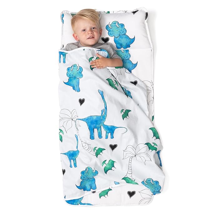 JumpOff Jo - Toddler Nap Mat - Sleeping Bag for Kids with Removable Pillow and Ultra Soft Blanket for Preschool, Daycare, and Sleepovers - Blue Dino