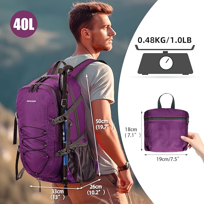 40L Lightweight Hiking Backpack Travel Packable Daypack for Women and Men, Purple