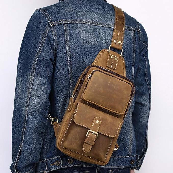 KPYWZER Sling Bag Men Women Vintage Full Grain Genuine Leather Shoulder Backpack Satchel Chest Casual Daypack Crossbody Outdoor Day Pack Backpacks Brown