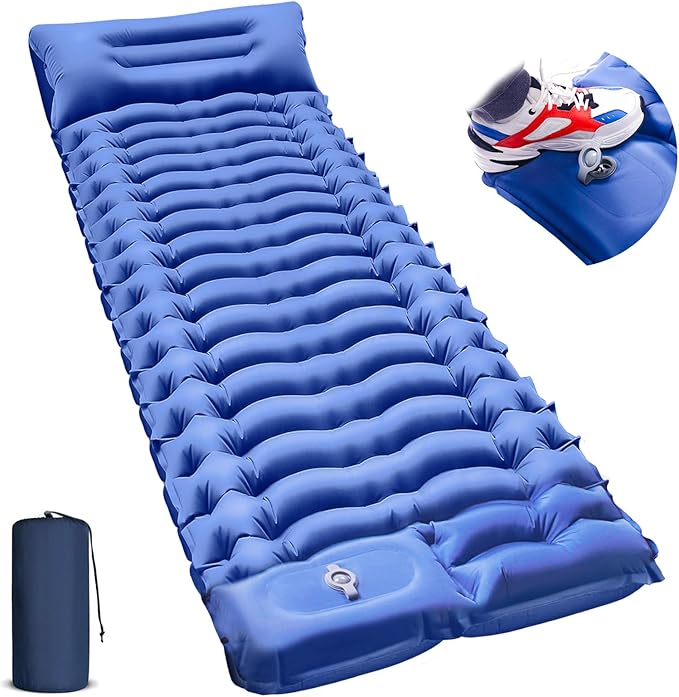 Sleeping Pad for Camping -Ultralight Inflatable Sleeping Mat with Pillow, Built-in Foot Pump, Compact & Lightweight Camping Mattress Pad for Camp, Backpacking, Hiking, Travel Tent (Blue)