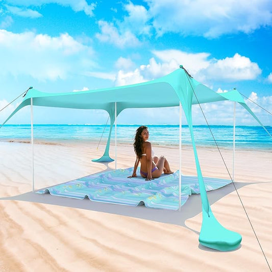 Beach Tent Pop Up Shade Canopy Sun Shelter UPF50+ with 2 Stability Poles/Carry Bag/Ground Pegs/Sand Shovel/Windproof Ropes Portable Outdoor Family Sunshade for Beach Camping (Turquoise, 7×7FT)