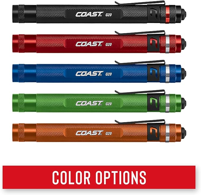 COAST® G20 Inspection Beam LED Penlight with Adjustable Pocket Clip and Consistent Edge-To-Edge Brightness, Red, 54 lumens