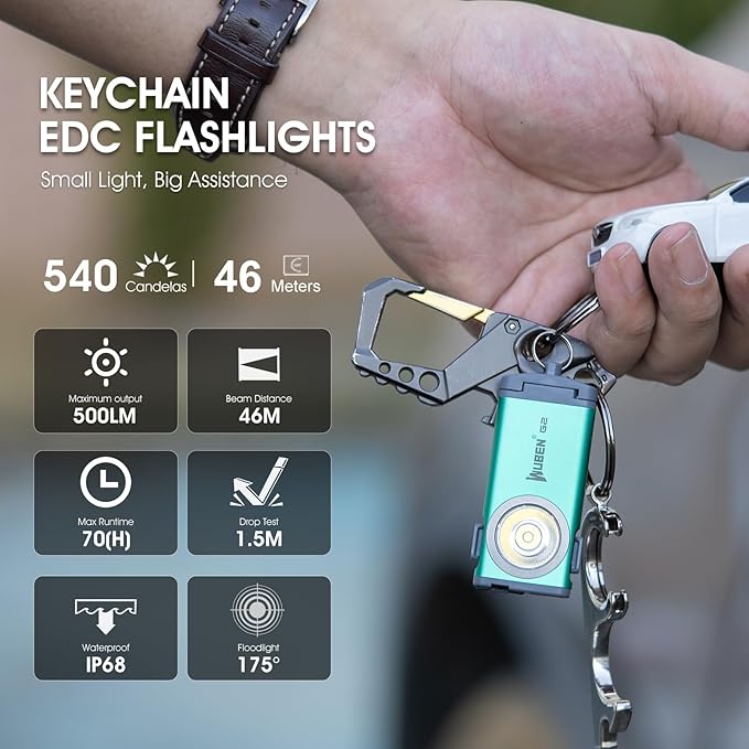 WUBEN G2 Mini Flashlight Keychain, 500 Lumens Rechargeable Pocket Flashlight, 5 Modes Small Led Flashlight, EDC Keychain Brightest Flashlight Magnetic Hat Clip for Travel,Walking,Hiking(GREEN)