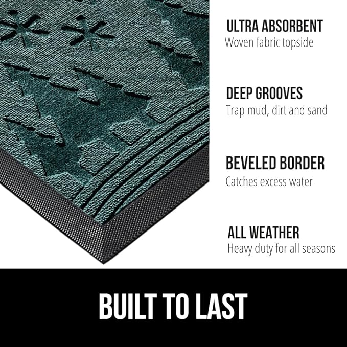 GORILLA GRIP 100% Waterproof All-Season WeatherMax Doormat, Durable Natural Rubber, Stain and Fade Resistant, Low Profile Winter Indoor Outdoor Door Mats, Holiday Entrance Mat, 17x29, Green Snowscape