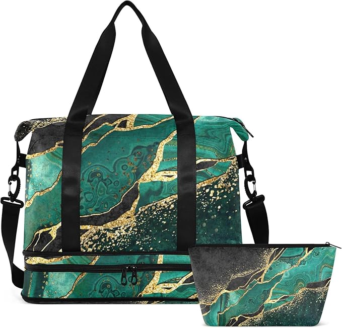 Marble Weekender Bag for Women, Malachite Green Marble Gym Bag Sports Duffle Bag Travel Tote Bag with Toiletry Bag Shoes Compartment Dry/Wet Separation Swim Bag