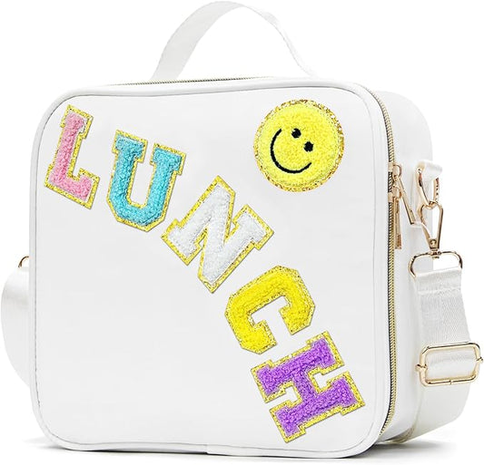 Insulated Lunch Bag Women Lunch Box Kids for Teen Girls Boys, Cute Preppy Lunch Boxes With Adjustable Shoulder Strap, Waterproof Nylon Lunchbox Lunch Bags for School Work Picnic (White)